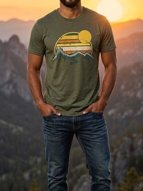 NWT Men’s Tallwoods Olive Green Mountain Sunset Graphic Tee – Size Small